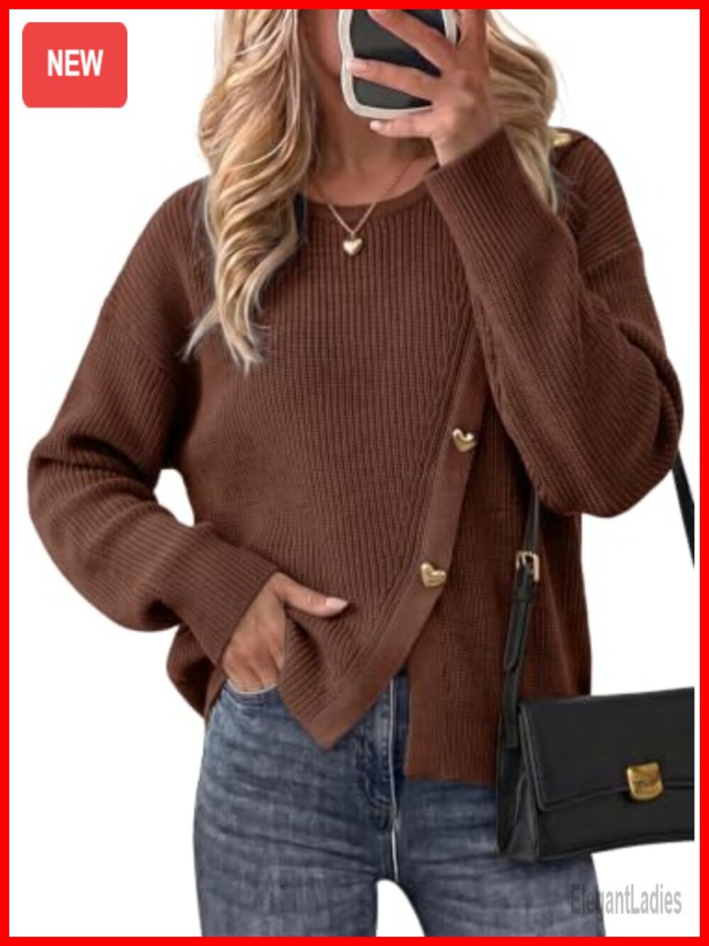 Oversized Chunky Knit Pullover Sweater Crew Neck Asymmetric Hem